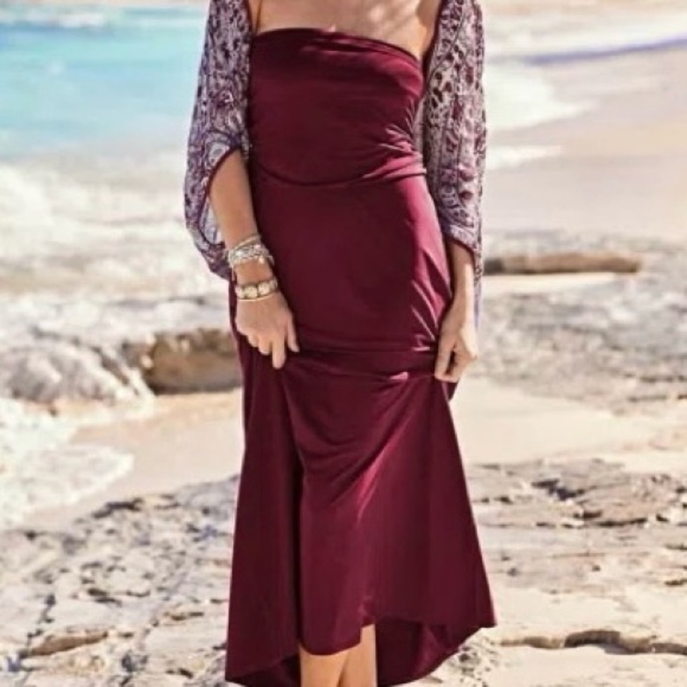 J.JILL Strapless Knit Maxi Dress Cranberry Burgundy Large L NEW NWOT